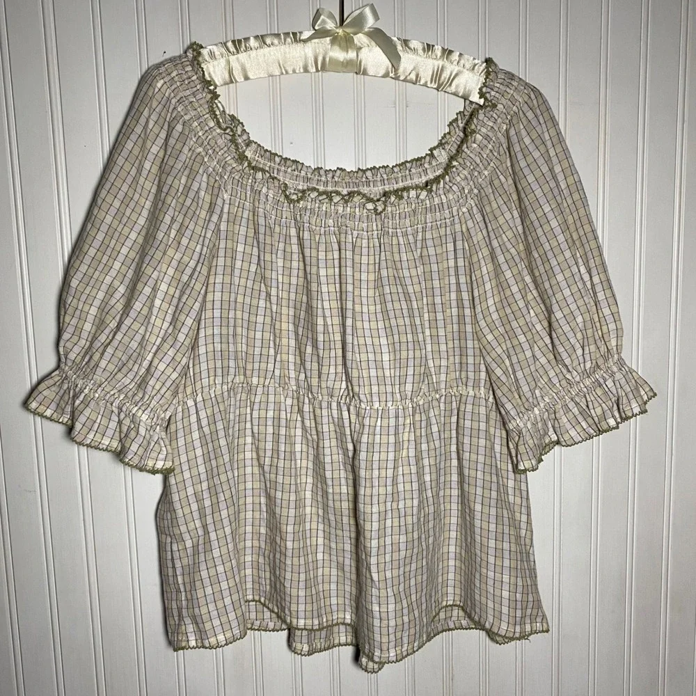 Old Navy Cottagecore Cream Plaid Peasant Top Puff Sleeve Smocked Ruffle - Large